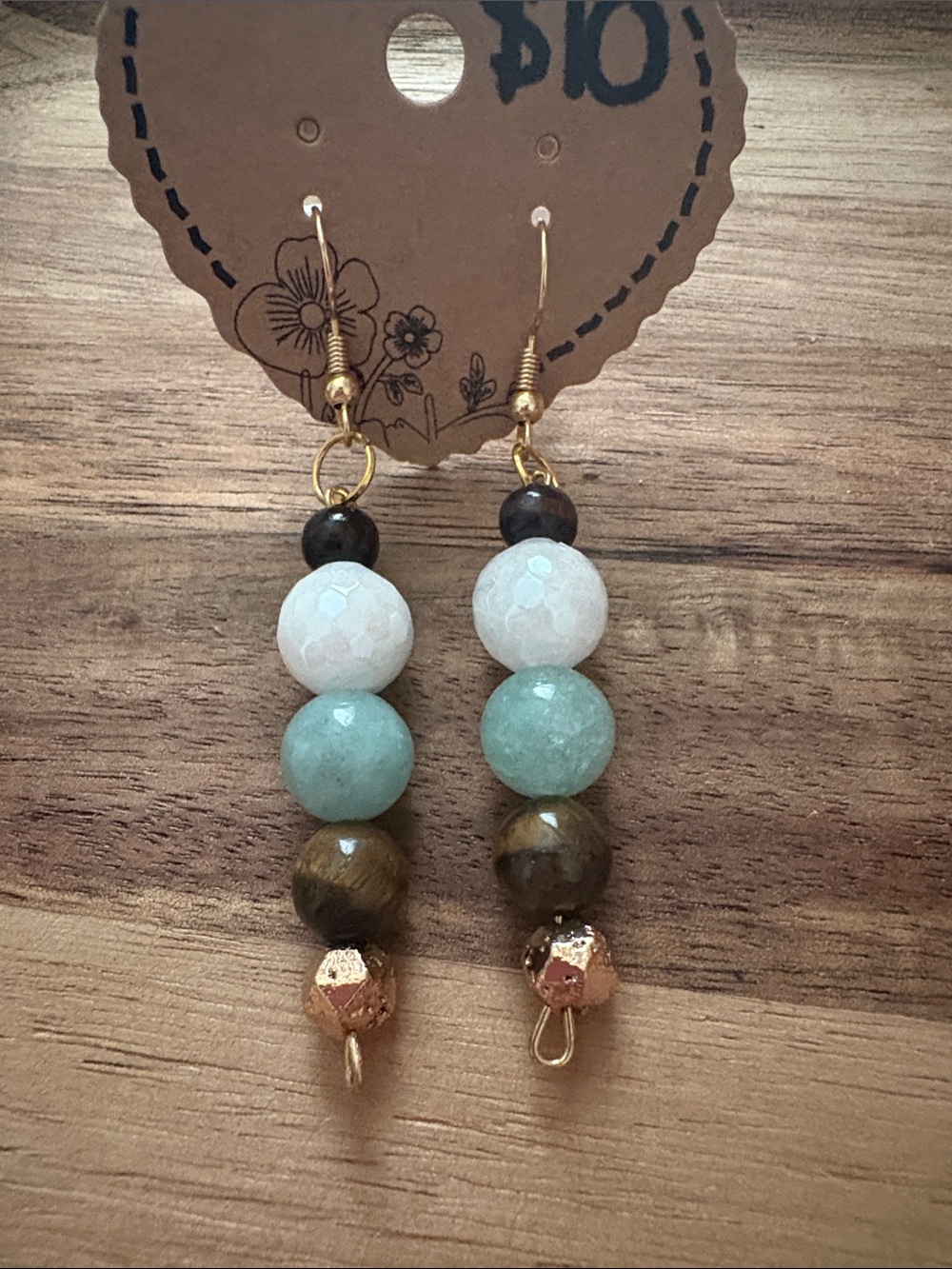 Handmade Beaded Drop Earrings- Quartz, Tigers Eye, Amazonite, Lava Stone